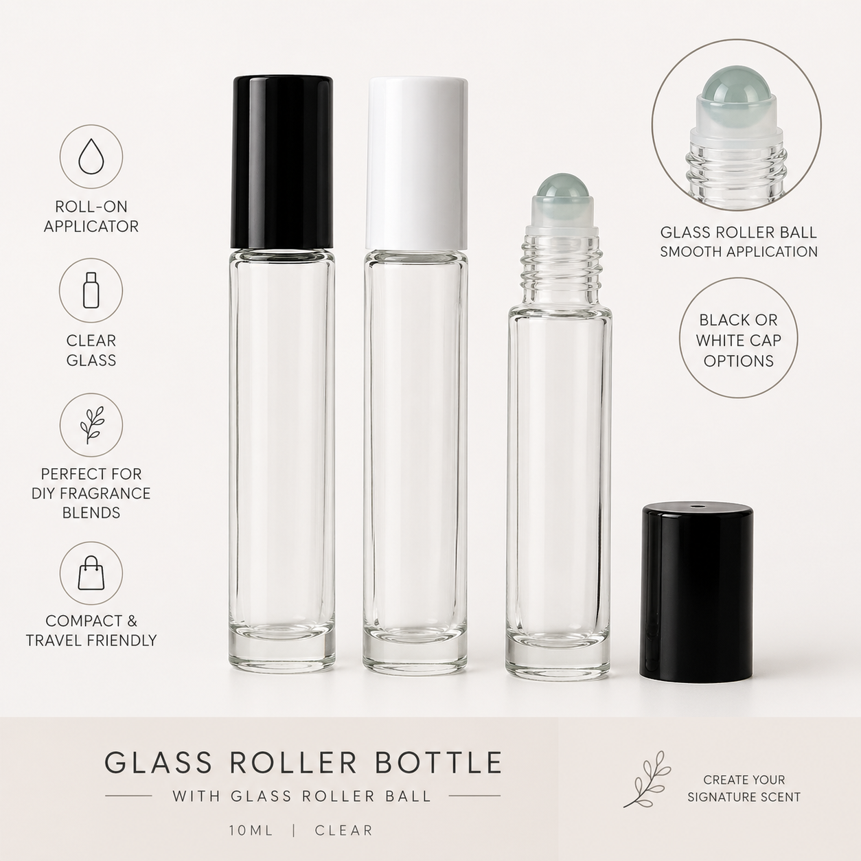 10ml Clear Glass Roller Bottle with Glass Roll-On Ball