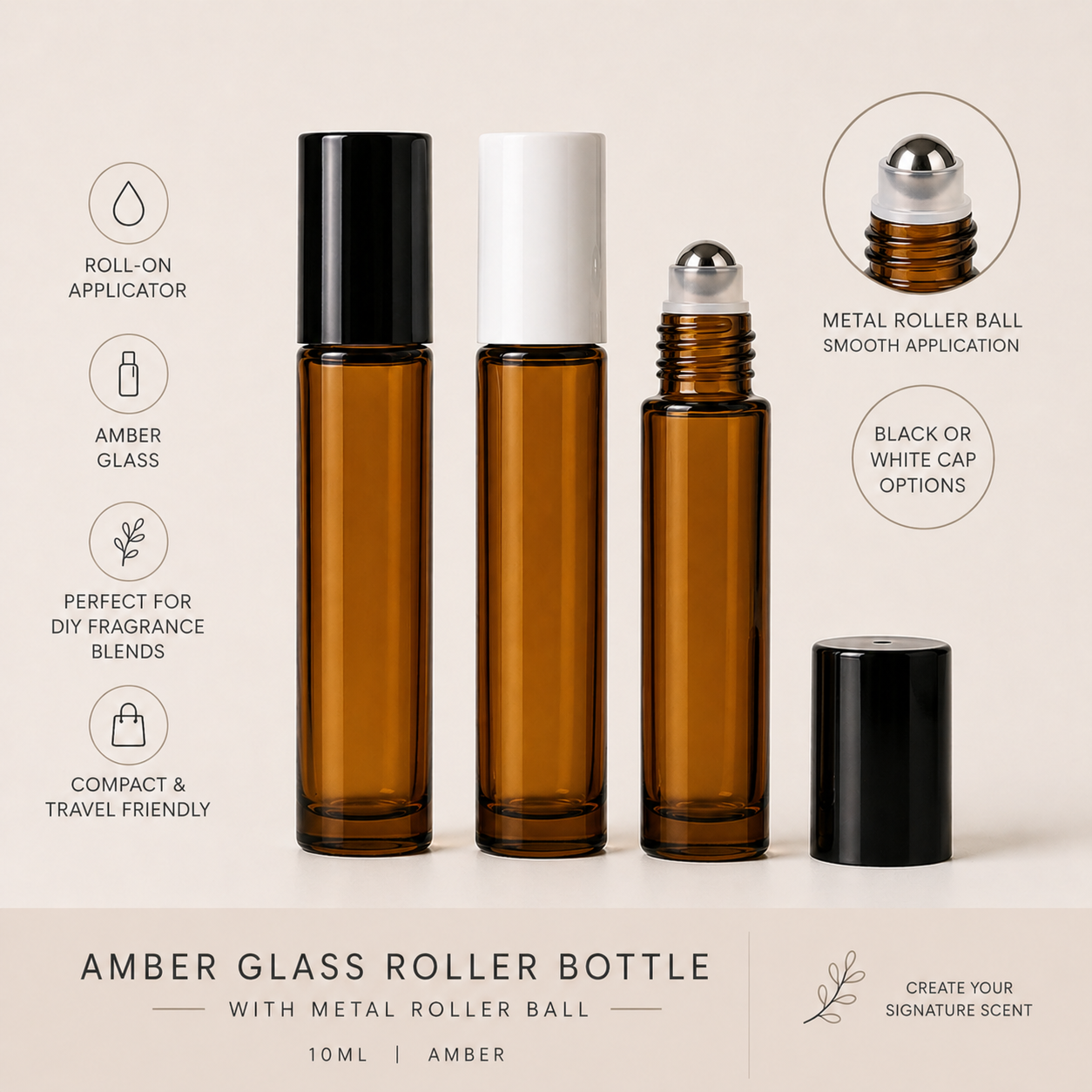 10ml Amber Glass Roller Bottle with Metal Roll-On Ball