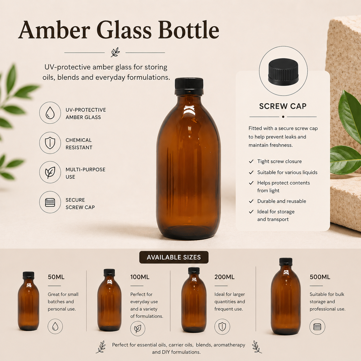 Amber Glass Bottle – 28mm Neck | Secure Screw Cap (Black)